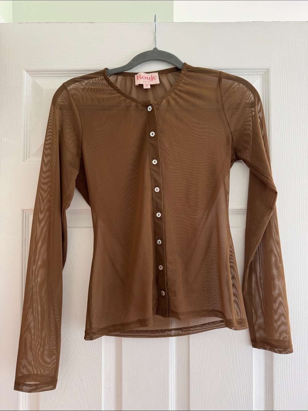 Rouje Brown Sheer Button-Front Mesh Top